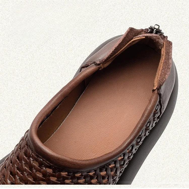 Johnature Retro Hollow-out Breathable Woven Genuine Leather Thick Soled Sandals Simple Women's Platform Shoes