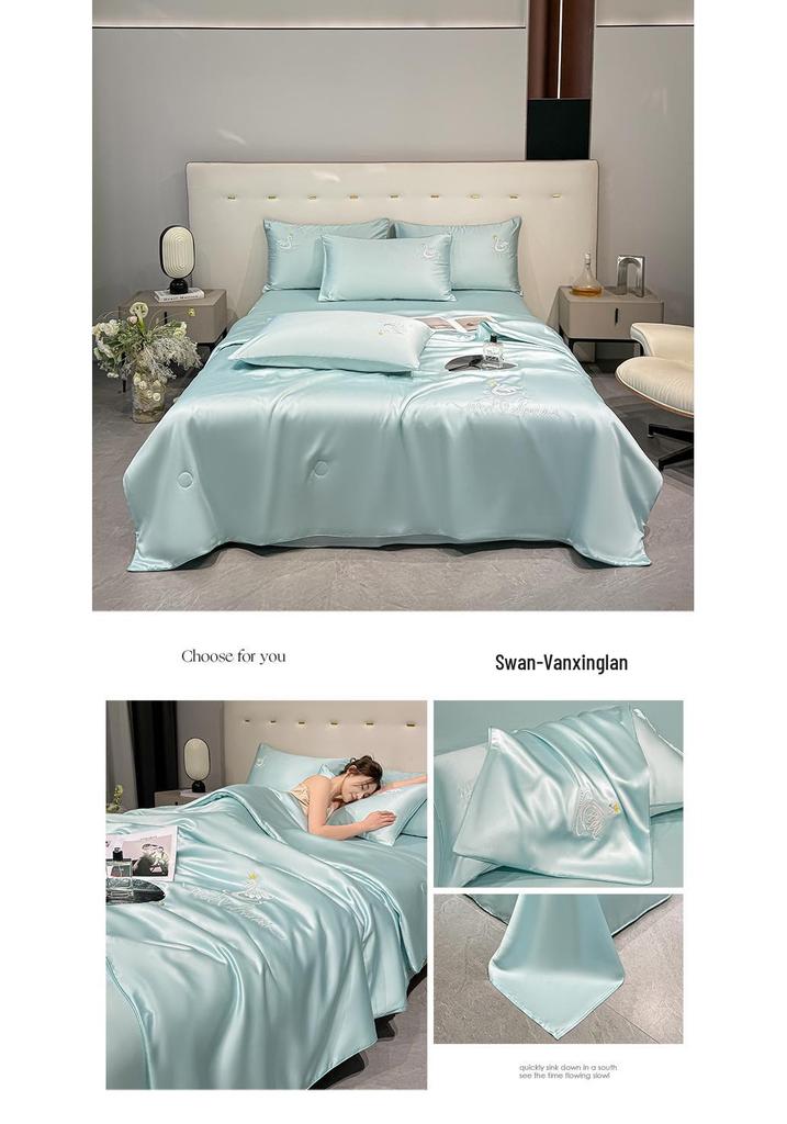 Embroidery Ice Silk Summer Quilt Set, Machine Washable, Luxury Bedding, Solid Color, Home Gift
