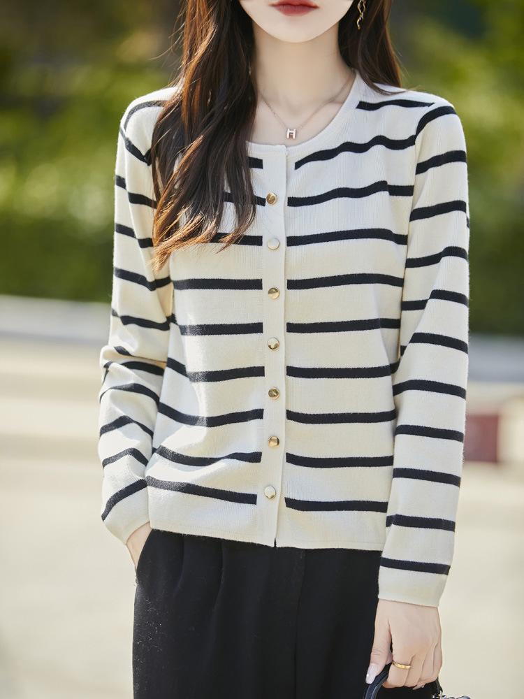 French Stripe Round Neck Cardigan Sweater - Age-Reducing, Casual & Versatile
