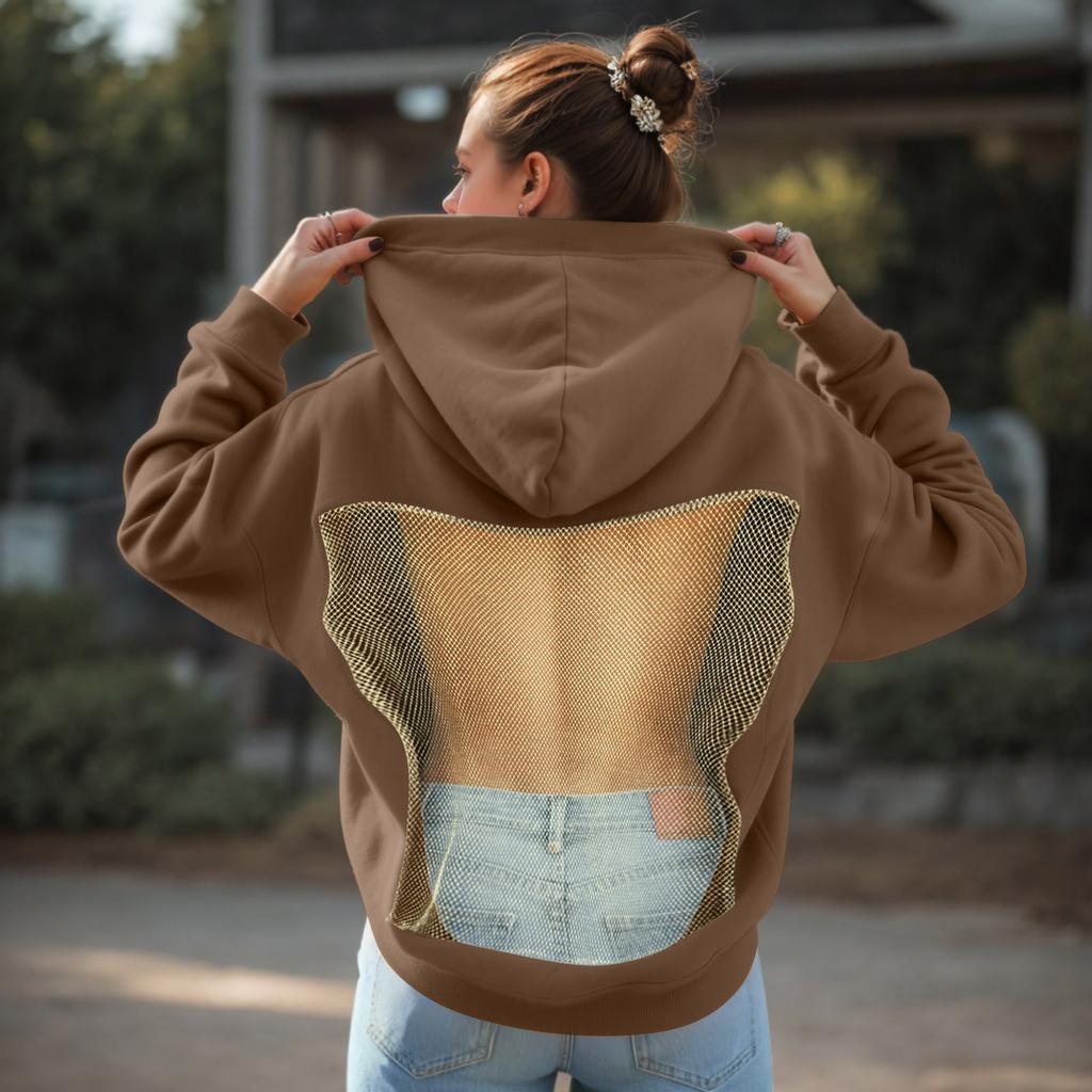 Harajuku Kapuzenpullover Damen Rückenfrei Netz-Patchwork Hoodies Streetwear Transparente Pullover Sport-Sweatshirt Tops