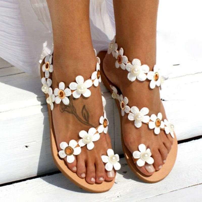 Elegant Women Summer Bohemia Flower Beach Sandals Flat Shoes Slippers Flip Flops