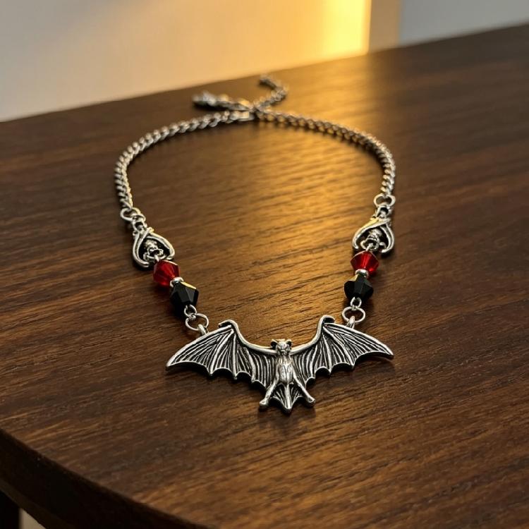 Goth Jewelry Bat Pendant Necklace with Adjustable 41-50 cm Chain and Faceted Bead Detail for Daily Wear Costume Looks