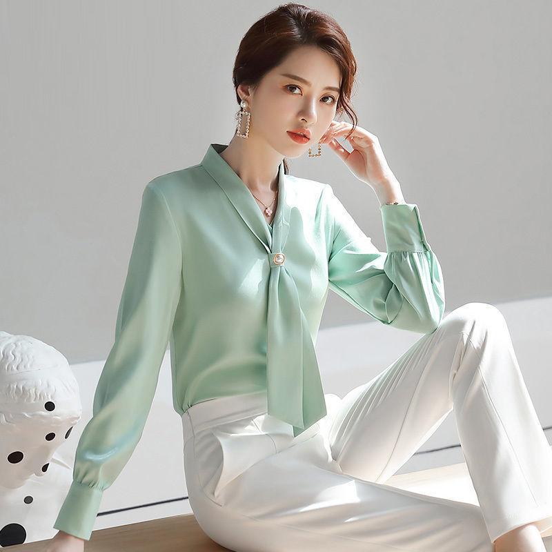 Bow Beading Elegant Chiffon Shirt Office Lady Fashion Casual All-match Blouse Commuter Basic Solid V-Neck Chic Women's Blouses