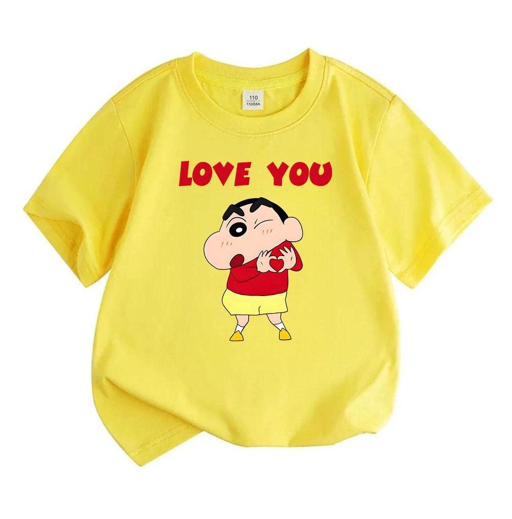 Kids Boys Girls Crew Neck Short Sleeve 100% Cotton T-Shirt, Cute Cartoon Character Print LOVE YOU Heart Pattern Casual Breathable Summer Tee for Child