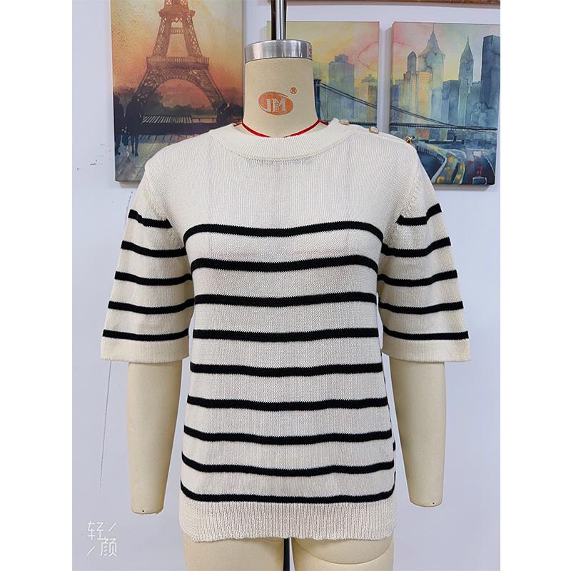 Frühling/Sommer Neue Damen-Pullover mit Knöpfen und Streifen, modisch, Rundhalsausschnitt, kurzärmelige Damen-Strickwaren