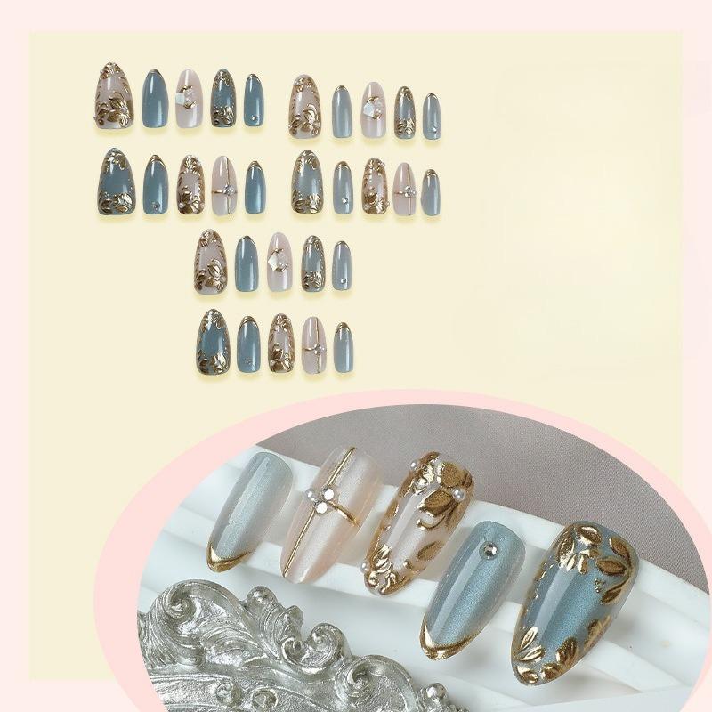 Ins 24pcs Removable Wearable Nails Golden Leaves Cat's Eye Gilded Flower Pearl Full Coverage Nail Tips for Women&Girl New