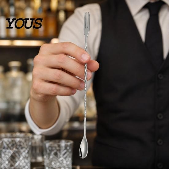 Long Handle Mixing Spoon Dual Head Bar Spoon, Cocktail Stirrers with Handle, Spiral Anti Slip Stainless Steel Drink Trident Tip for Coffee Drinks Tool