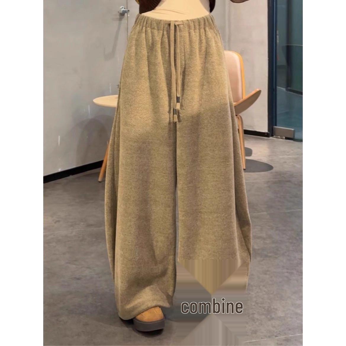 

Women s Plus Size Khaki Wide-Leg Pants - Elastic Waist, Fluffy Texture, Thickened for Warmth, Slimming, Floor-Length L (100-115 jin)