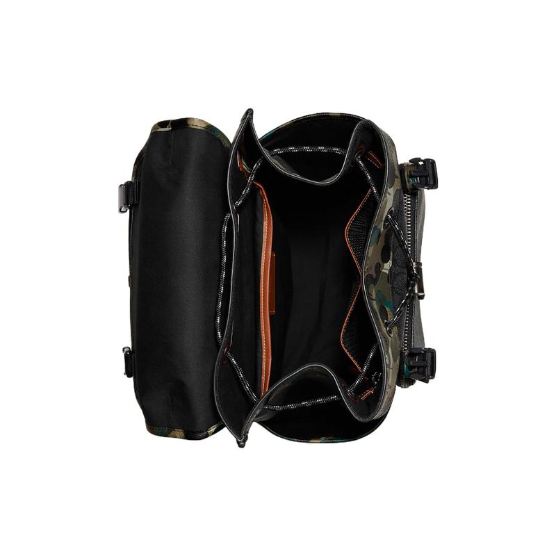 COACH backpack Flap 27 Printed flap drawstring Coated canvas with soft pebbled leather School bag Men's Black presbyopia and camouflage