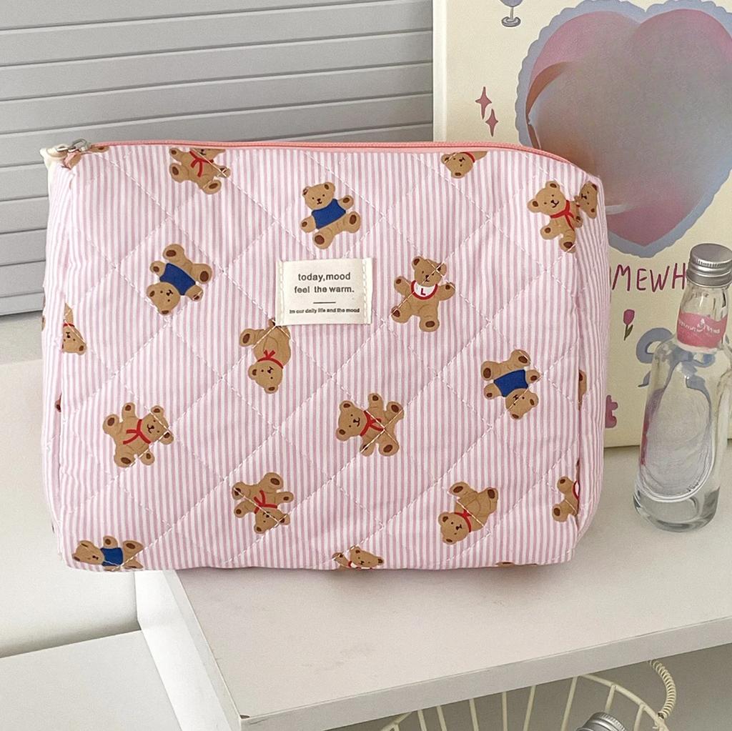 Pink Beige Bear Pattern Women Cosmetic Bag Cute Zipper Makeup Travel Organizer Female Handbag Toiletry Pouch for Girls