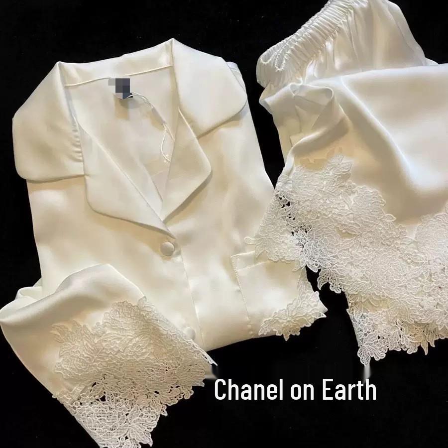 Women's Light Luxury Ice Silk Pajamas, Spring/Summer, Long Sleeve Satin with Lace.
