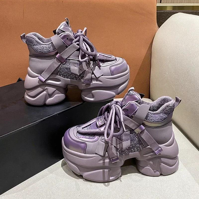 Fashion New Women Winter Warm Chunky Sneakers Thick Bottom Shoes High Platform Vulcanize Shoes Autumn Bling Casual Sports Dad Shoes 8CM