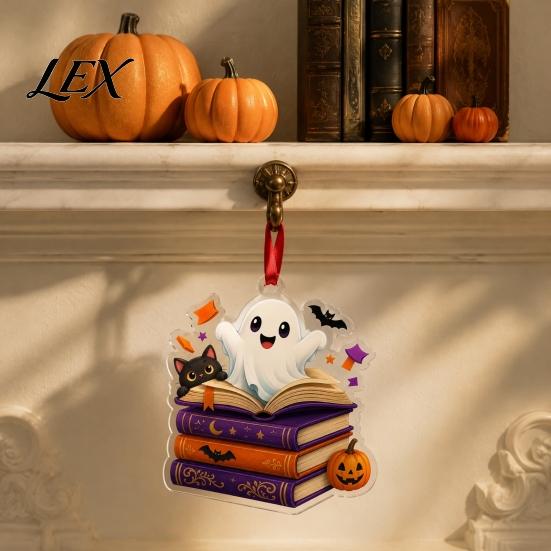 Reading Themed Window Hanging Halloween Ghost Ornament, Acrylic Holding Book Pumpkin Bookshelf Ornaments Black Cat Mummy Decor, 2D Cartoon Bookish