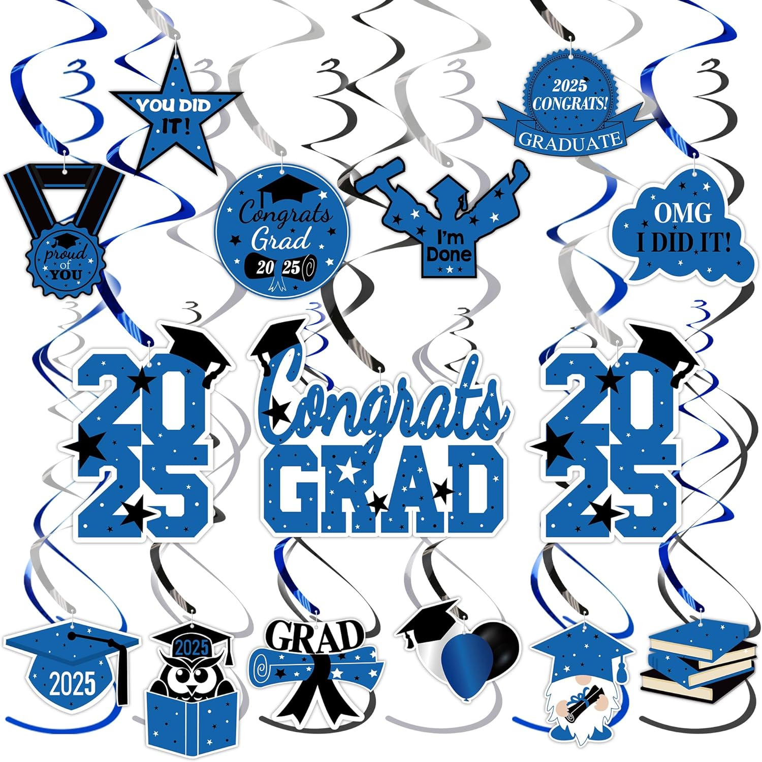 Tifeson Graduation Decorations 2025 Blue - 36 PCS Party Supplies, Congrats Grad Hanging Swirls, High School College Class of 2025 Decor синий
