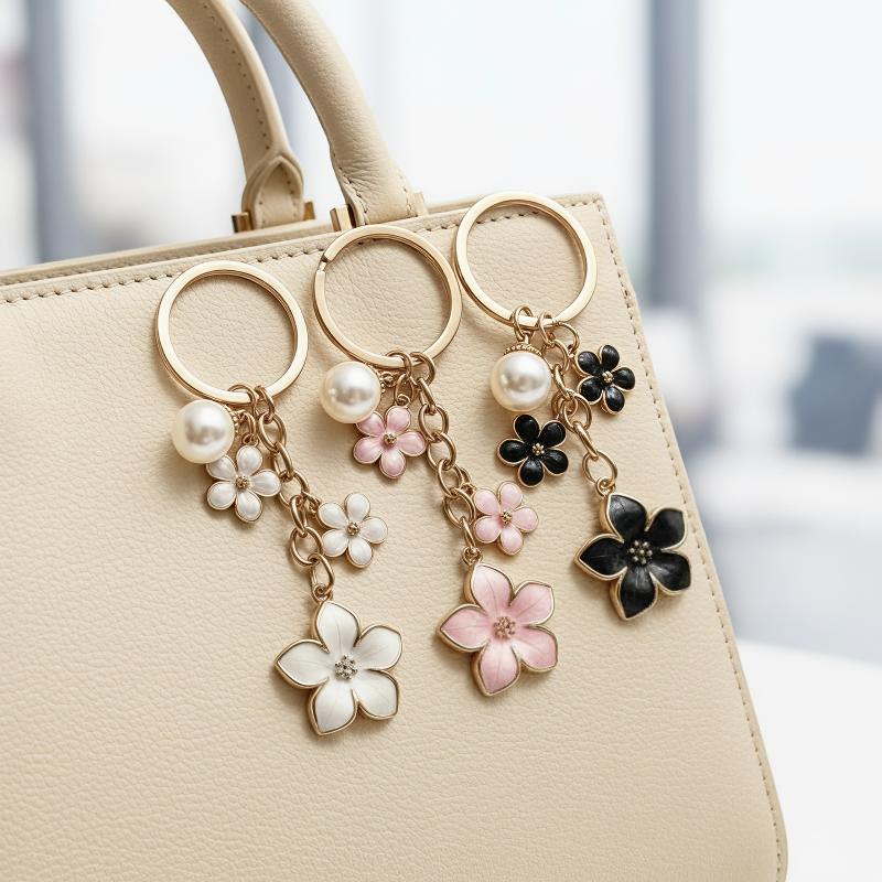 1Pcs Lovely Flower Keychain Sweet Solid Color Three Cherry Blossom Pendant Key Ring For Women Handbag Decor