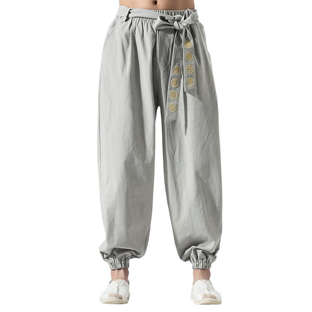 Herren Haremshose mit Gürtel und elastischer Taille im Retro-chinesischen Stil, Stickerei, lockere Plissee-Einfarbige, lange Hose mit Knöchelband