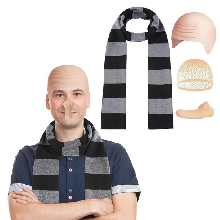 Bald Hat Set for Man Adults Bald Caps Black Gray Striped Scarf False Nose Gru Costume Set