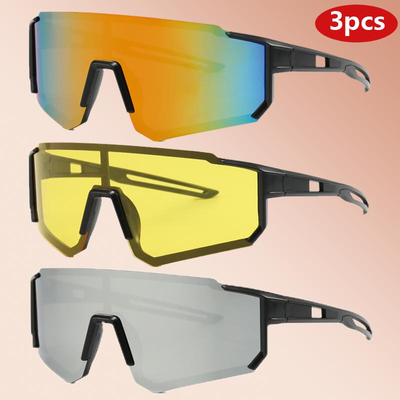 3pcs Fashion Large Frame Sunglasses Unisex Outdoor Sport Goggles Simple Style Integrated Sun Glasses