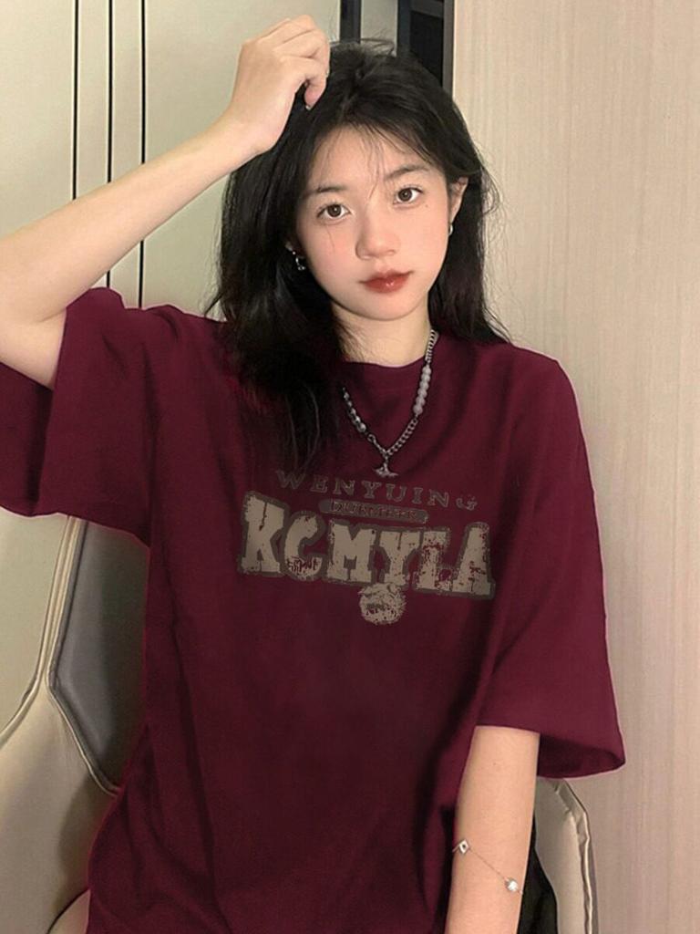 American Pure Cotton Burgundy Short-sleeved T-shirt Women's Summer Loose Large Size Fat Mm Hong Kong Flavor Chic Half-sleeved T-shirt Top