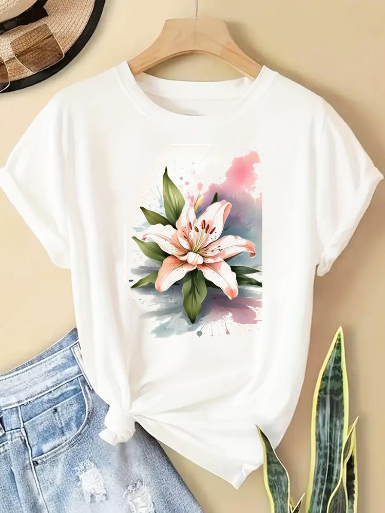 (Asian Size) trend watercolor letter Printed Clothing Casual T Shirt  Lady Female Top Fashion Graphic Short Sleeve T-shirts Women Tee