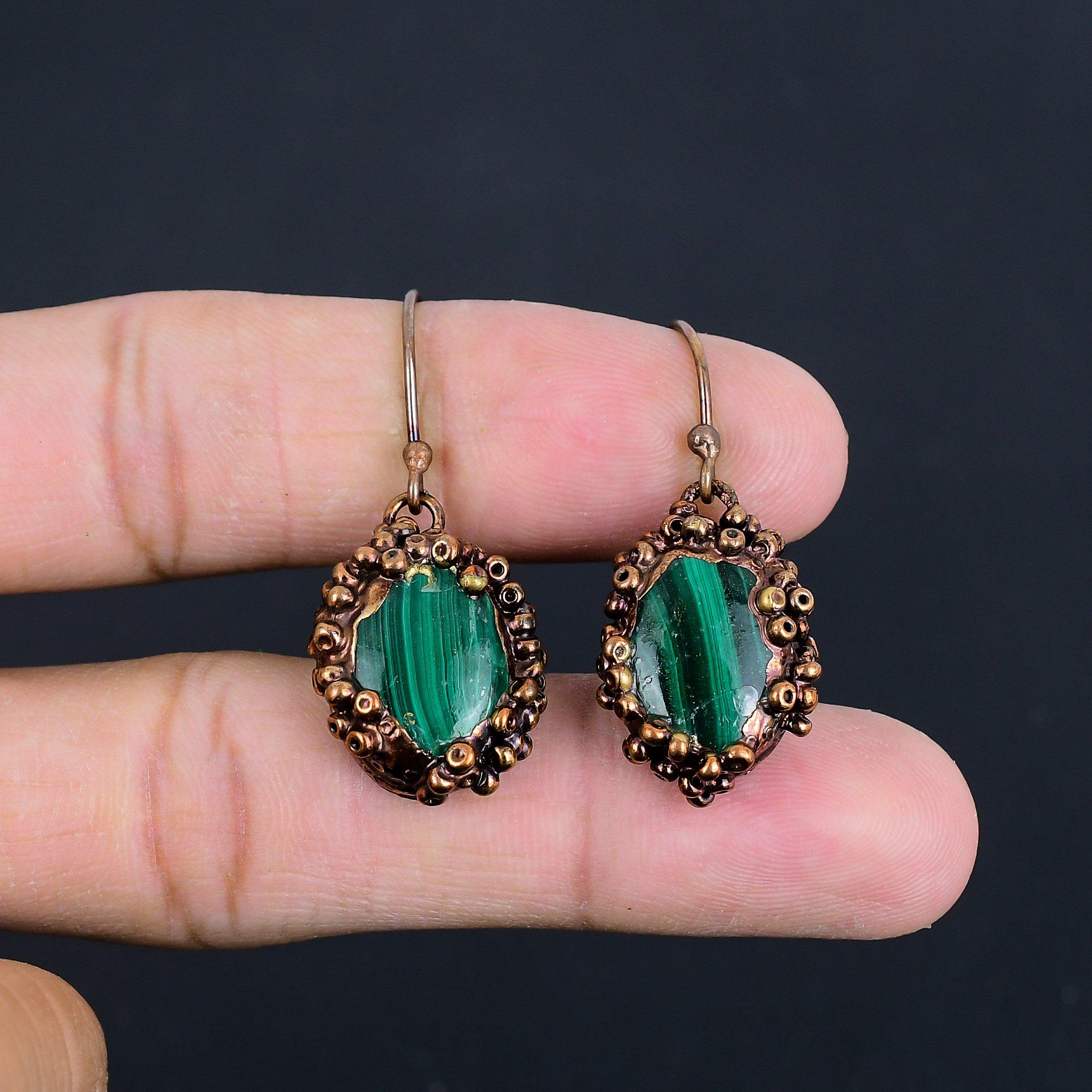 

Серьги из малахита, Медные электроформованные украшения, Подарок для женщин, Серьги ручной работы, Украшения из драгоценных камней 2.55 Inches