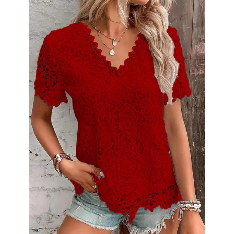QICED Moda feminina casual cor sólida estampa manga curta blusas e camisas com decote em V