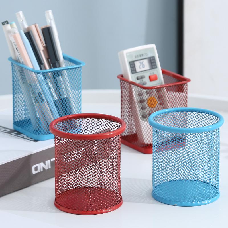 Wrought Iron Color Round Grid Metal Square Hollow Pen Holder Student Stationery Desktop Office Supplies Storage Ornament