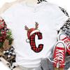 Christmas Alphabet AZ Letter Print Womens Tshirt Santa Graphic Casual Holiday Fashion Top Xmas Party Tees shirt for Women