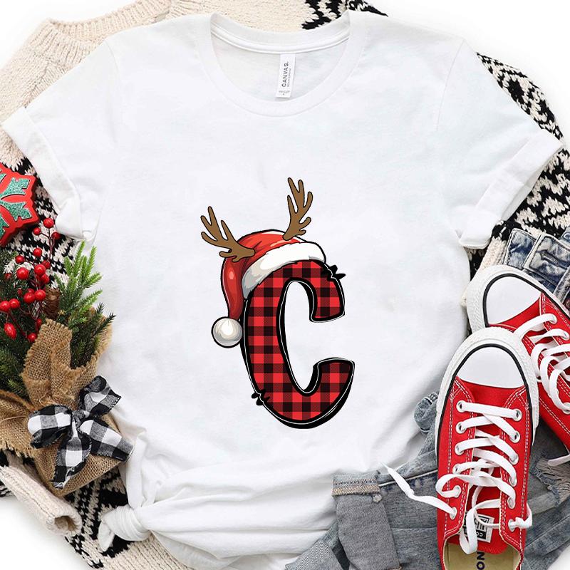 Christmas Alphabet AZ Letter Print Womens Tshirt Santa Graphic Casual Holiday Fashion Top Xmas Party Tees shirt for Women
