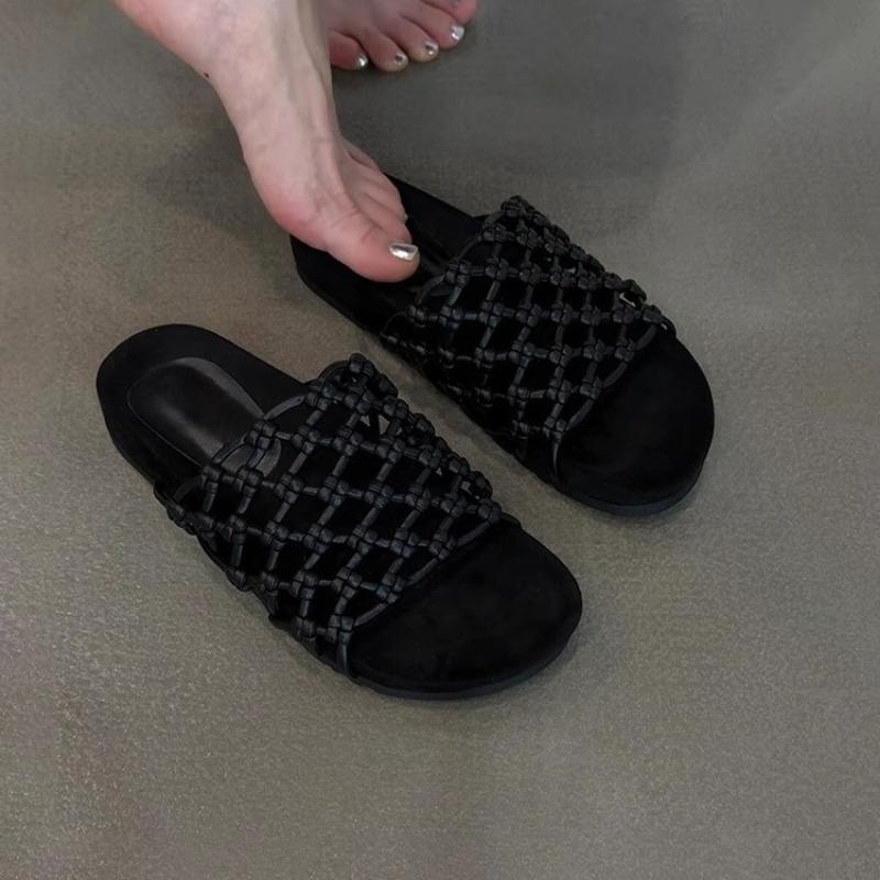 Schafsfell-Version~ Handgewebtes Fischernetz Hohl Dicksohlige Strandschuhe Damen Weiches Leder Vielseitig Lässig Runde Spitze Offene Zehen Sandalen