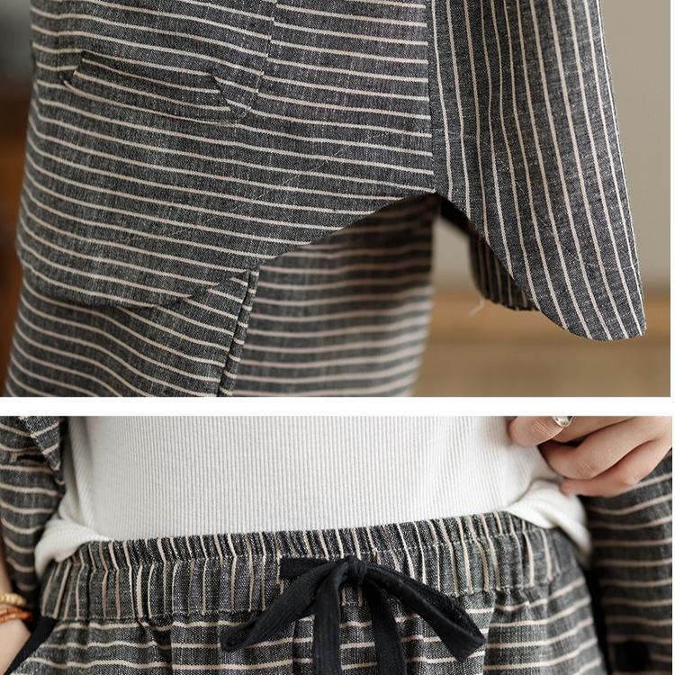 DIMANAF Plus Size 2025 Spring Pants Suits Women Stripe Sets Suits Loose Blouse Shirts Long Pants Clothing