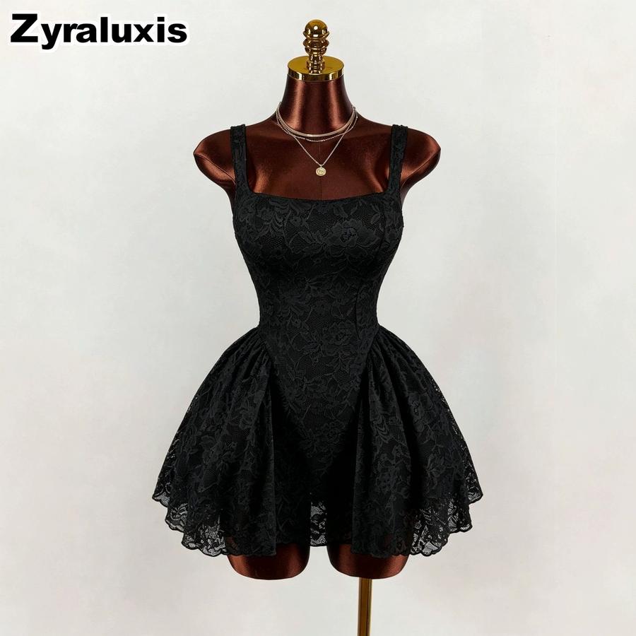 New Women's White Lace Dress, Square Neck Wide Belt Empire Waist Ruffled Short Skirt