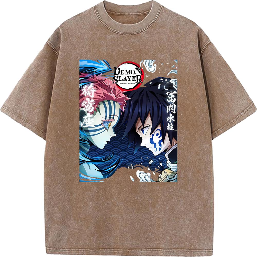 Anime Demon Slayer Tomioka Giyuu Akaza Graphic Tee Men Women Retro Washed T-shirts Cotton Manga T Shirt Harajuku Casual Tshirt