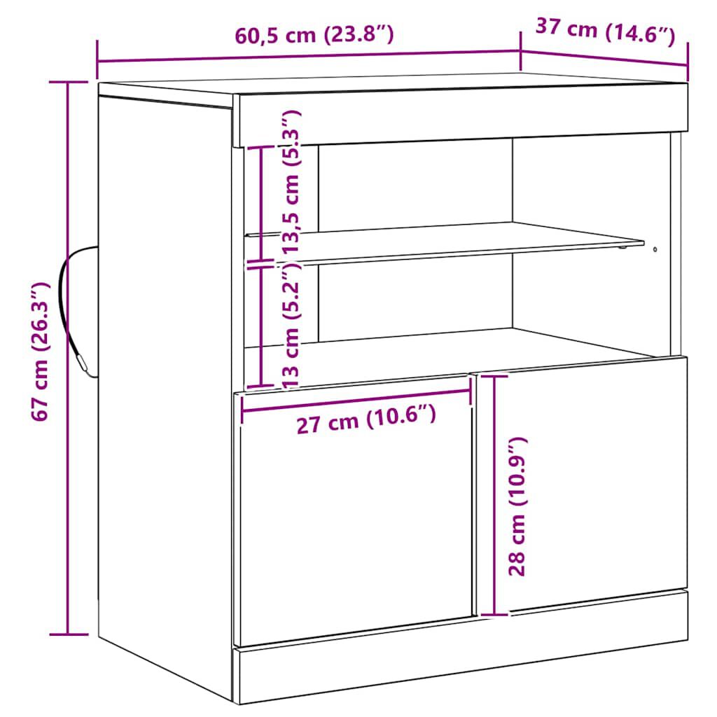 Seitenkonsole mit LED-Licht aus Kunst-Eiche, Vintage-Wohnzimmer-Sideboard 60x37x67 cm
