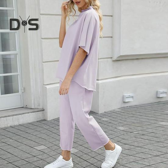 2 ks/sada Dámske Top nohavice Súprava Polovysoký golier Blúzka so širokými nohavicami Elastický pás Nohavice s vreckami Voľný outfit na voľný čas