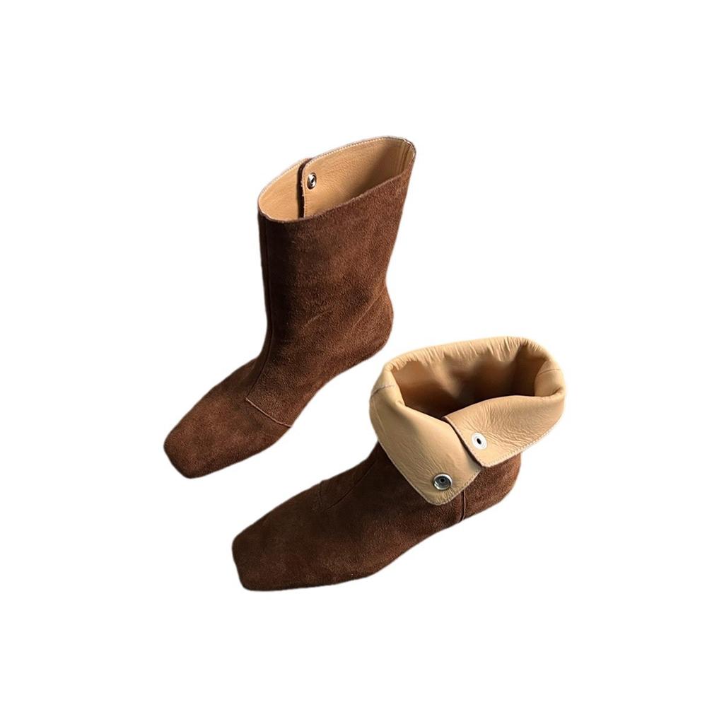 Vintage niche suede square toe western cowboy boots for women fall and winter with thick heels and lapels for two wear with Martin boots and booties