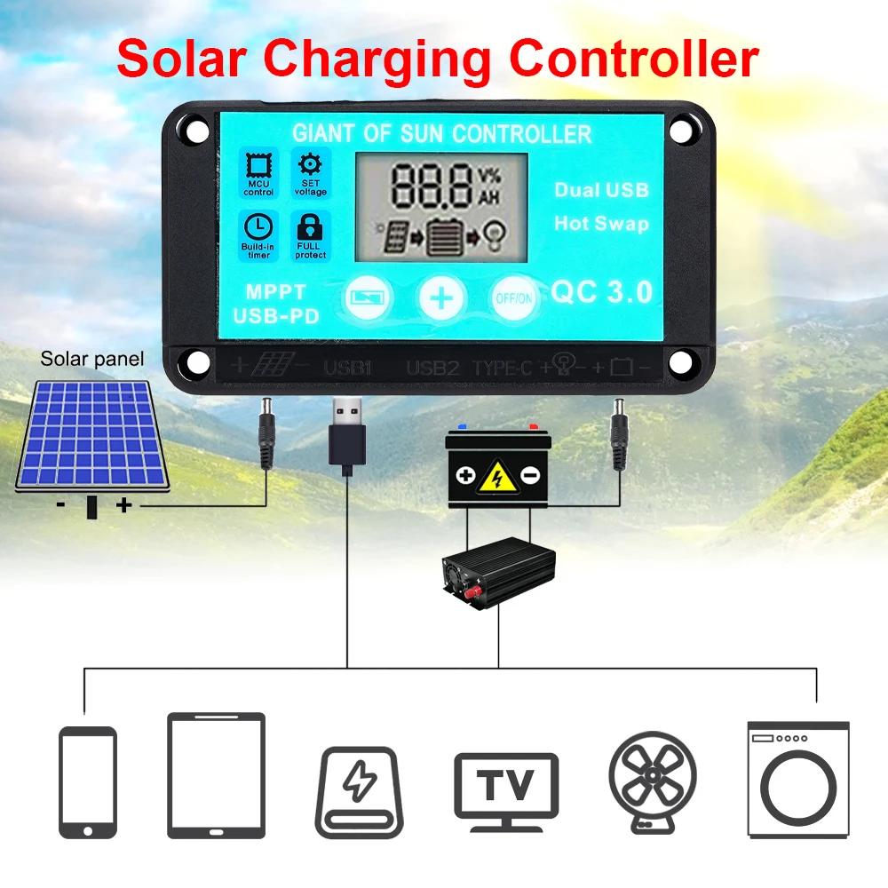 MPPT solární regulátor nabíjení 10A 12V/24V s vícenásobnou ochranou, regulátor solárních panelů s LCD displejem, rychlé nabíjení 3.0, nabíječka baterií
