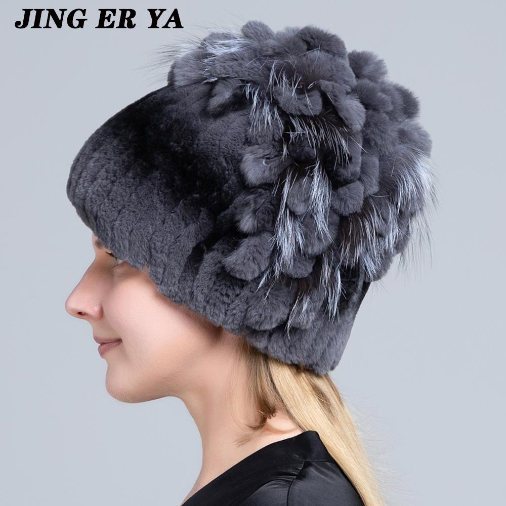 Winter Women's Warm Fashion Beanie Knitted Hat Real Rex Rabbit Fur Hat Knitted with Side Flower Russia Hat