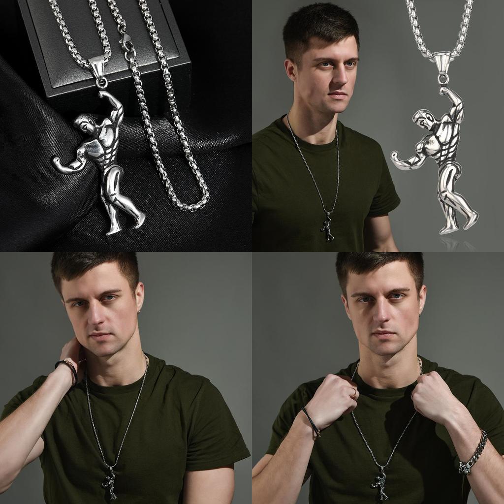 Stylish Silver Muscle Man Pendant Necklace For Men In Trendy Korean Fashion Design