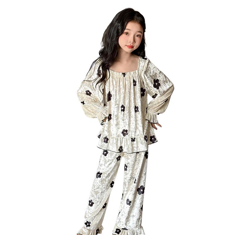 Czarny Piżamowy Zestaw z Złotego Weluru w Kwiaty dla Dziewczynek - Nowość Wiosna/Jesień 2025