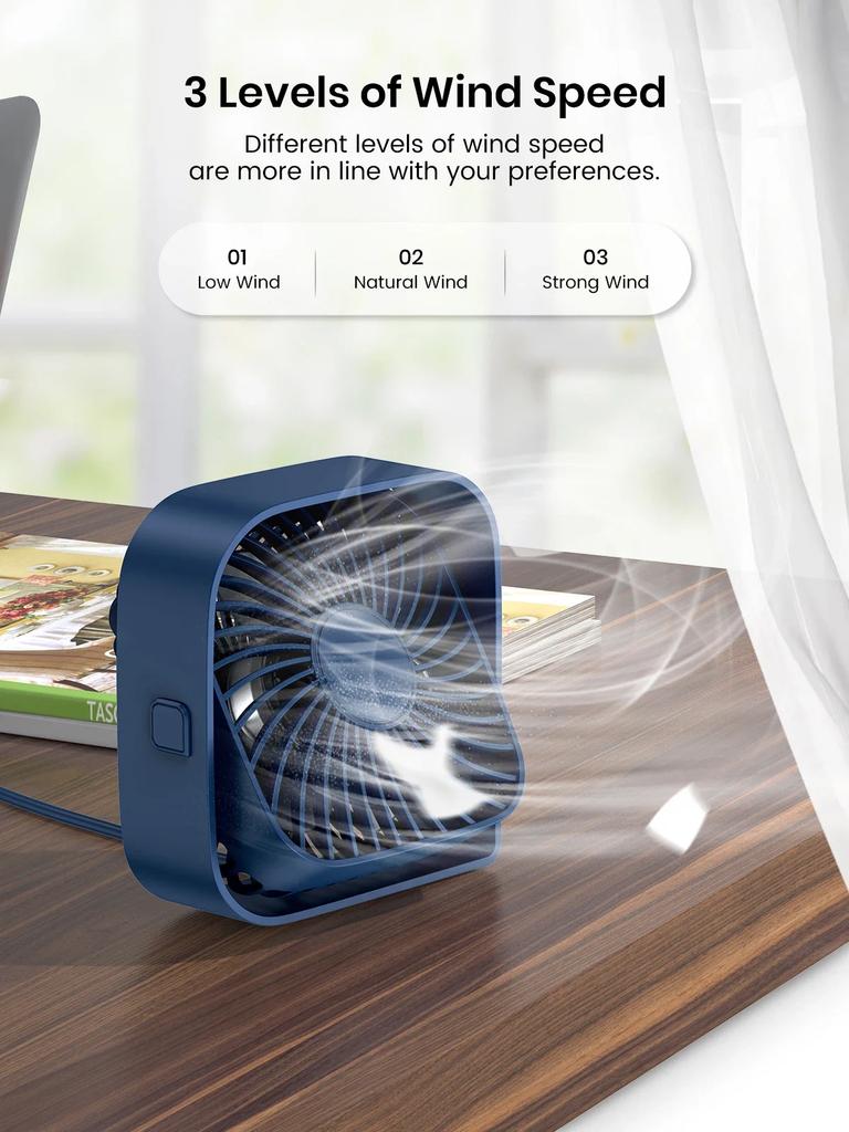 USB Desk Fan Strong Airflow & Quiet Operation 3 Speed Wind Mini Table Fan 360° Rotatable Head for Home Office Bedroom Table