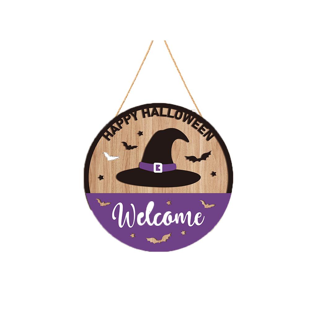 Wooden Halloween Door Sign Hanging Decoration Witch Hat and Bats Round Welcome Plaque for Indoor Outdoor Wall Door Window Display