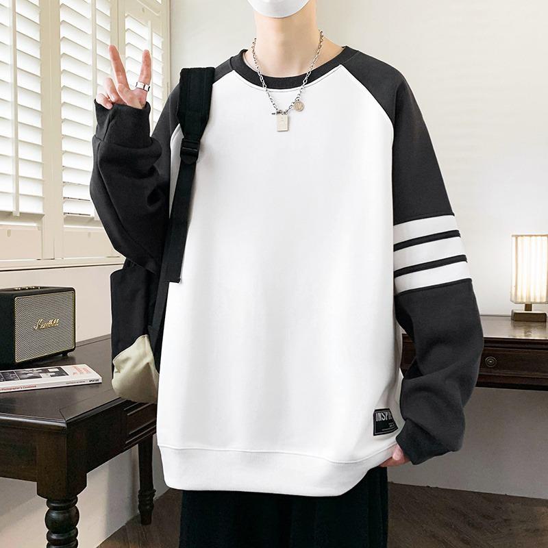 Men’s Extra-Large College-Style Grey Patchwork Round Neck Hoodie - Spring/Autumn Street Style Loose Fit 3XL