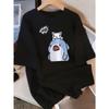 Women's Cute Cartoon Cat Shark Graphic with Playful 'WOW!' Text Breathable Round Neck Short Sleeve Casual