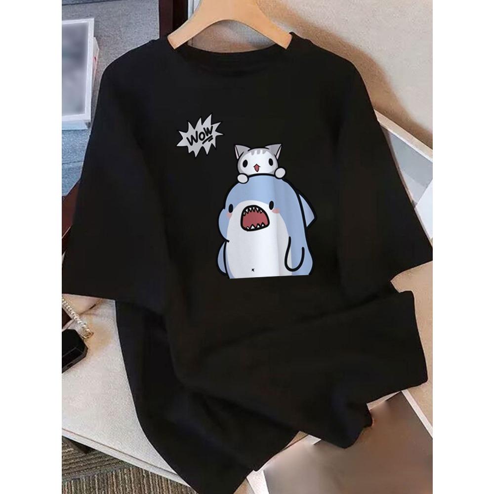 

Women s Cute Cartoon Cat Shark Graphic with Playful WOW! Text Breathable Round Neck Short Sleeve Casual S