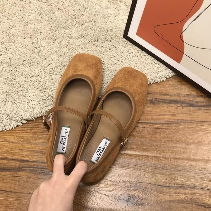 Fairy wind square head suede low-heeled grandma shoes female spring versatile retro light mouth soft leather Mary Jane thick-heeled single shoes