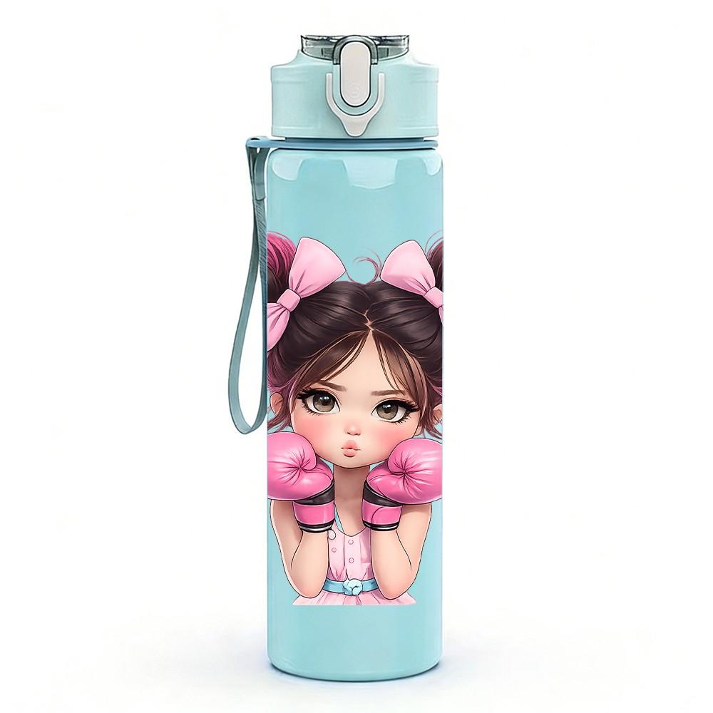 1PC Cute Girl Two Ponytails Portrait Print 750ml Color Plastic Sports Water Bottle Leakproof Flip Straw Lid Suitable for Sports Office Home Use