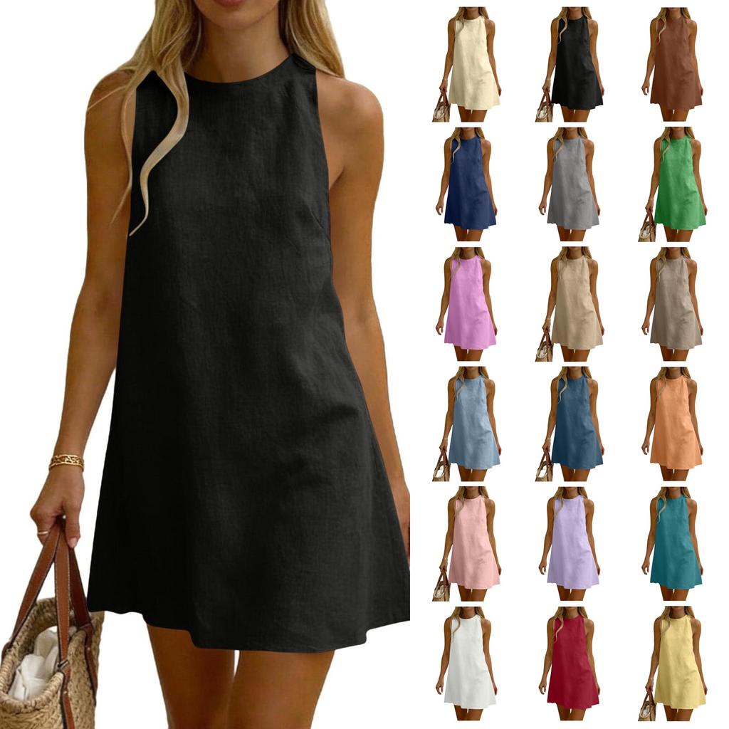 Sleeveless Pleated Dress Round Neck Short Dress Casual Vacation Dress Lightweight Summer Dress for Women