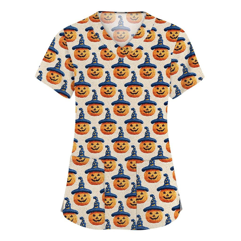 Damenmode V-Ausschnitt Kurzarm Arbeitskleidung mit Taschen Halloween bedruckte Tops