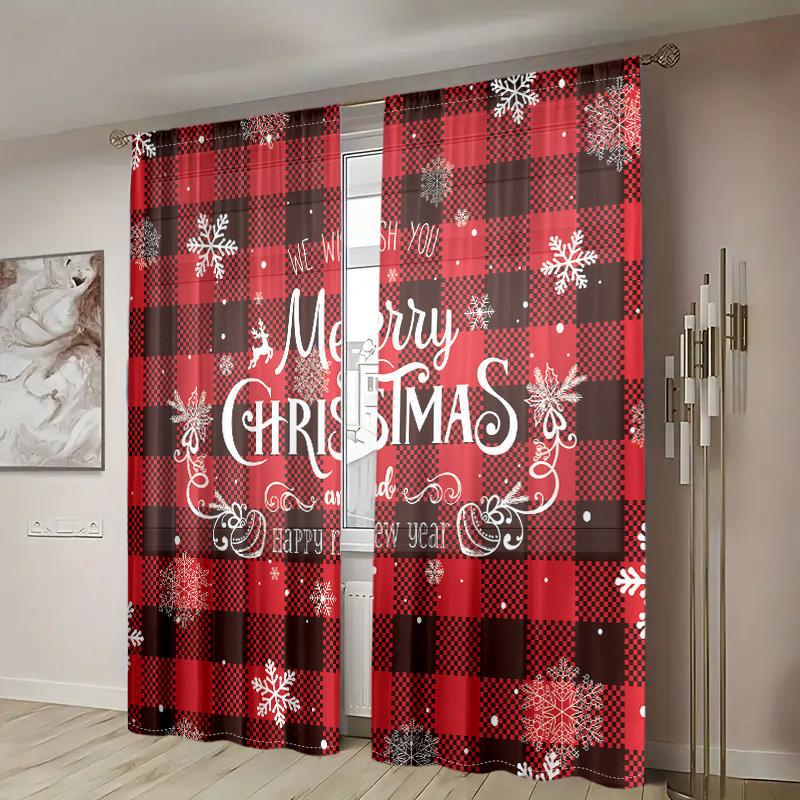 2 Pieces, Christmas Buffalo Plaid Snowflake Curtains -30% Blackout - Suitable for Living Room, Bedroom, Kitchen, Home Decoration